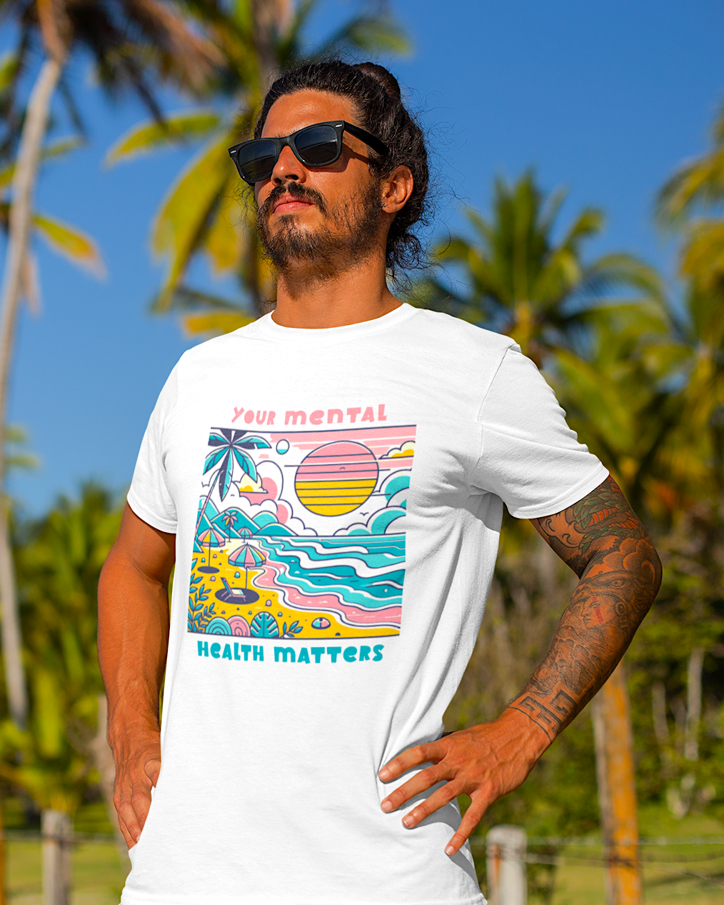 A man wearing a Mental Health Shirt that says Your Mental Health Matters on it